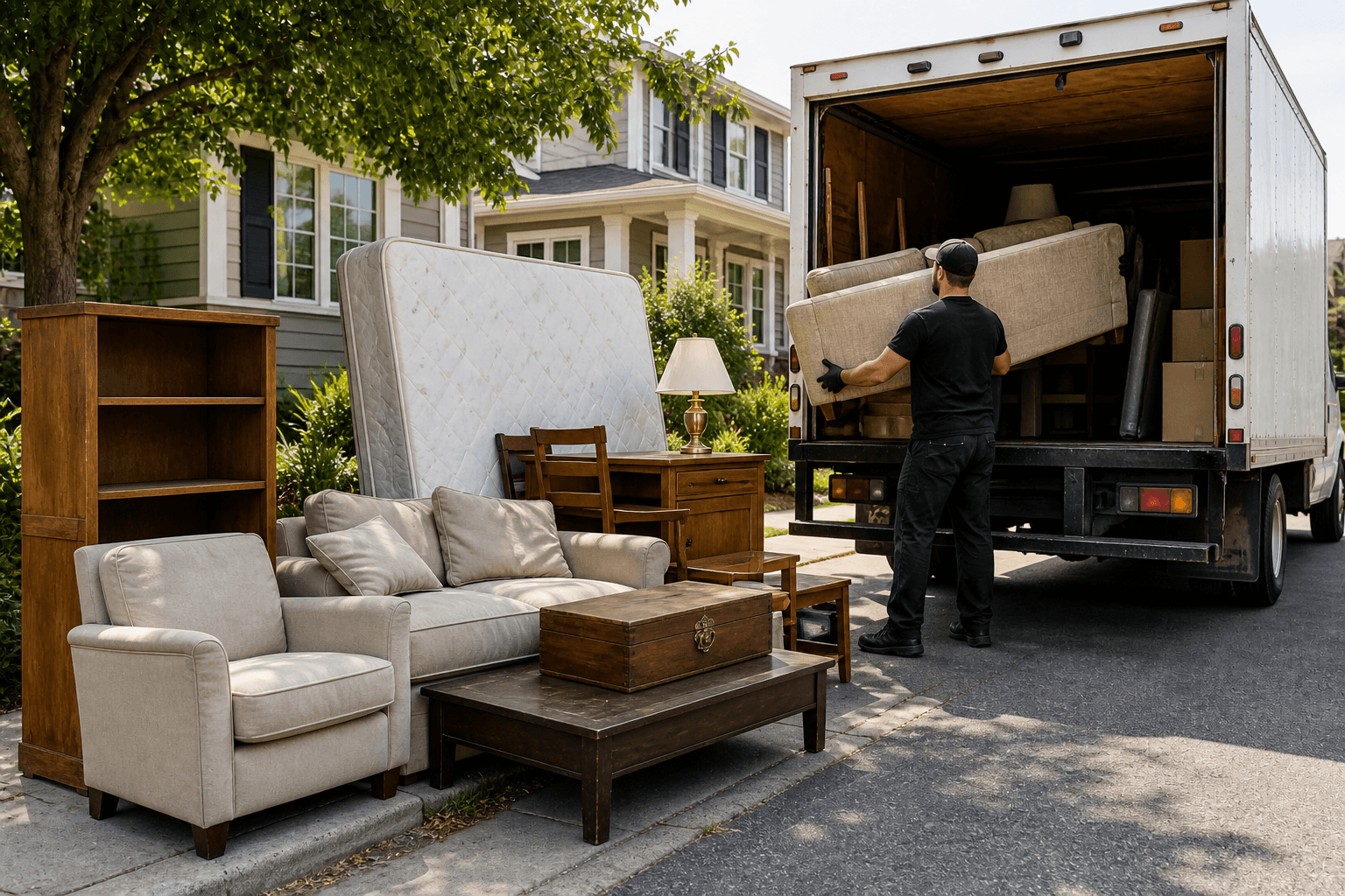 Furniture removal team loading old furniture and mattresses into a junk removal truck for home cleanout
