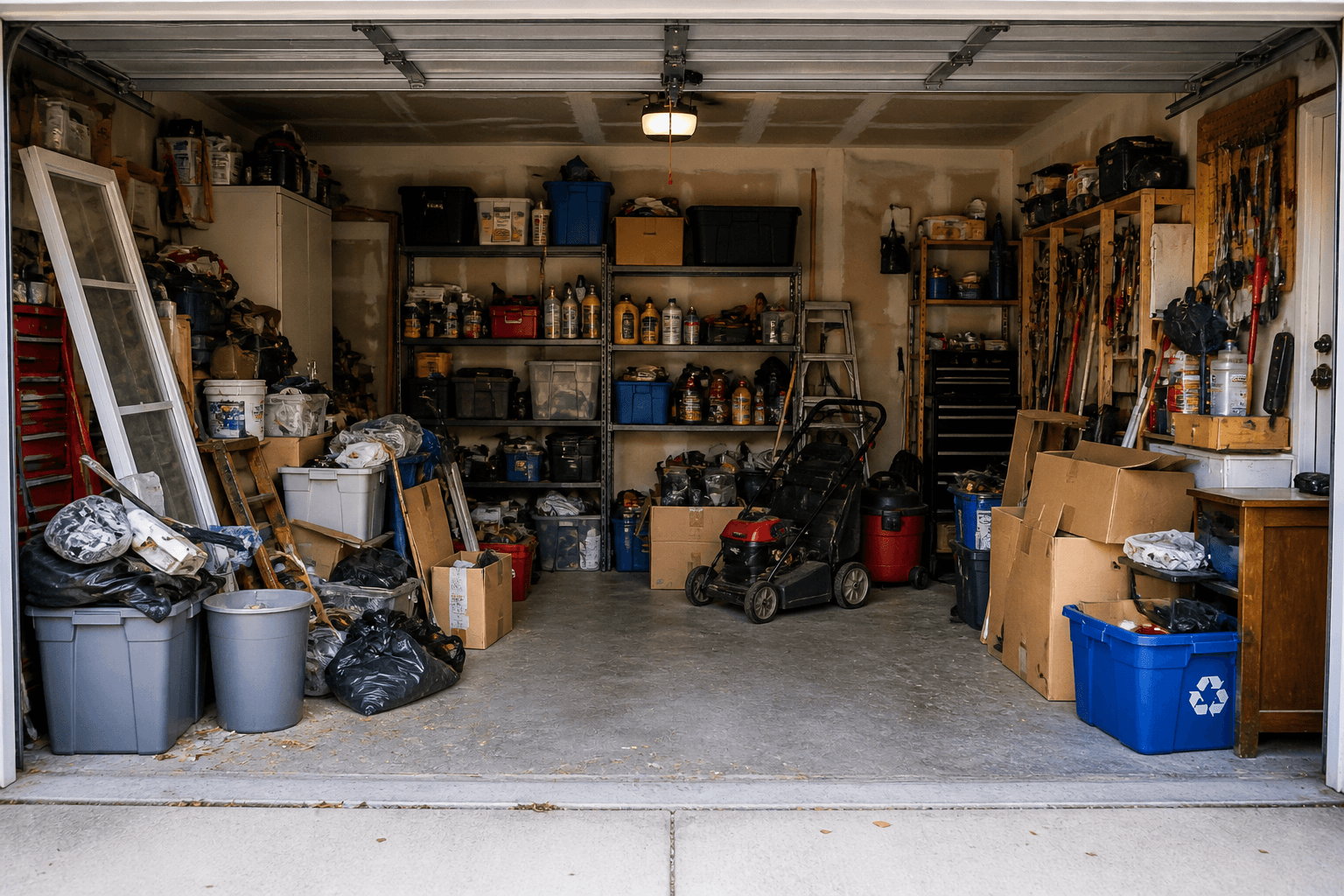 Garage cleanout service removing clutter and unwanted storage items to create organized garage space